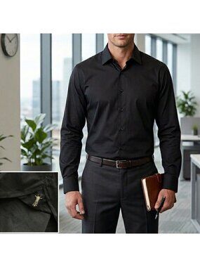 American Tall Long Sleeve Button Up Dress Shirt Men’s Sz LT Black Minimalist